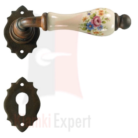 Klamka PARIS 2601 z dolną rozetą na wkładkę patentową, porcelana kremowa kwiaty wiosenne