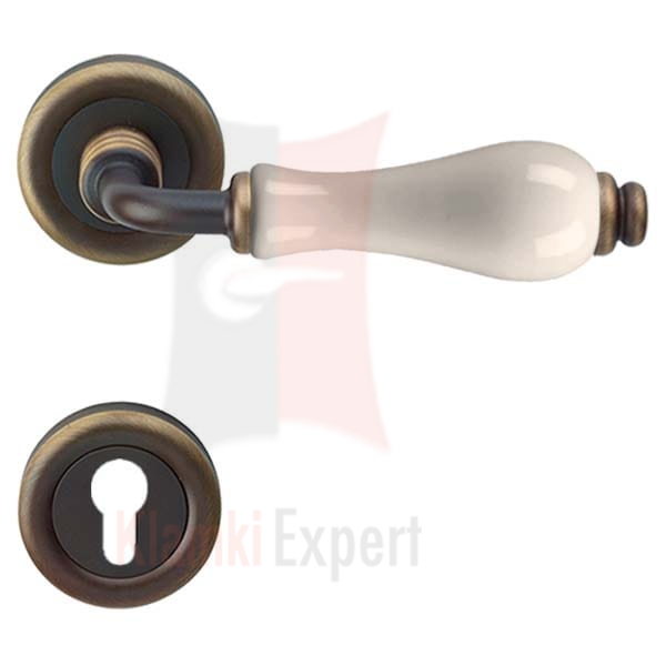 Klamka DALIA 602 BM brązowiony matowy, ciemny (porcelana kremowa) z rozeta na wkładkę