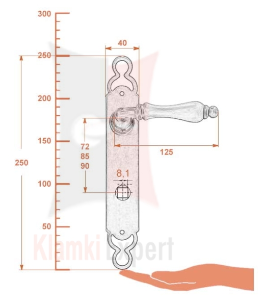 Klamka BERLINO 2500 z blokadą WC - wymiar