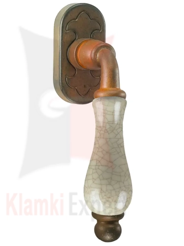 Klamka okienna PRAGA 2-60, porcelana kremowa spękana - wykończenie rdza starodawna