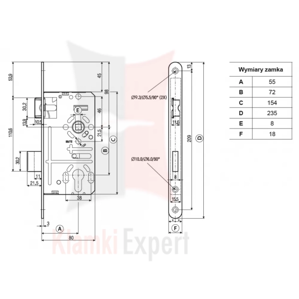 ZAMEK WPUSZCZANY 72WB, E=55mm, 235x20x3mm, STAL NIERDZEWNA  - rysunek techniczny