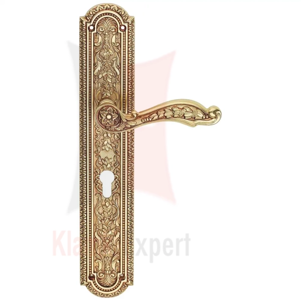 Klamka Jardin szyld długi z otworem na wkladkę, kolor OF stare złoto "francuskie"