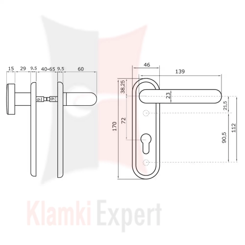 KLAMKO-GAŁKA 72WB 45x170 mm, PPOŻ., CZARNA - rysunek techniczny