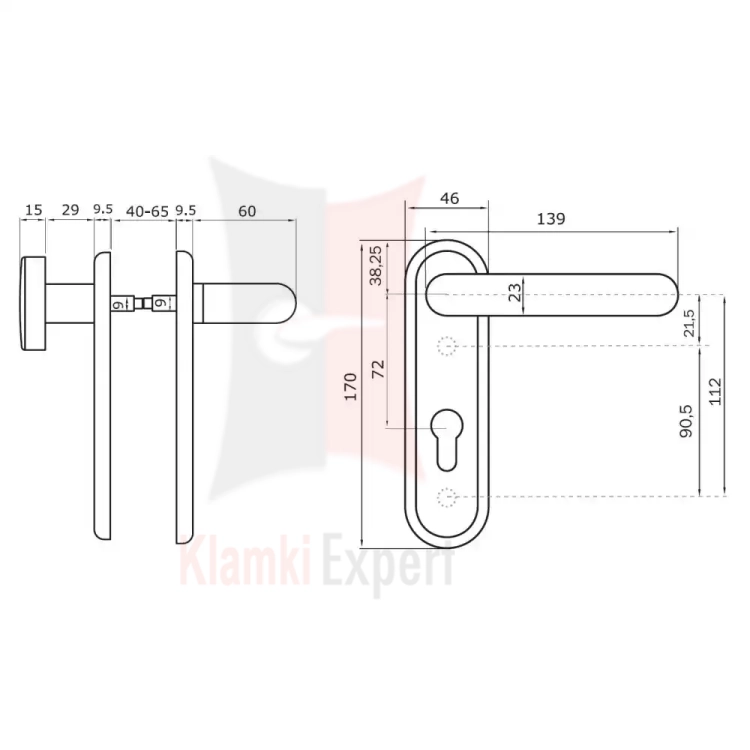 KLAMKO-GAŁKA 72WB 45x170 mm, PPOŻ., CZARNA - rysunek techniczny