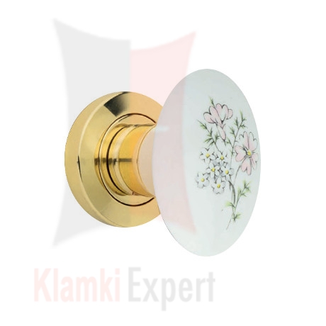 Klamka FLAVIA 686, porcelana biała z kwiatem Margherita, rozeta 103 OL mosiądz błyszczący, lakierowany
