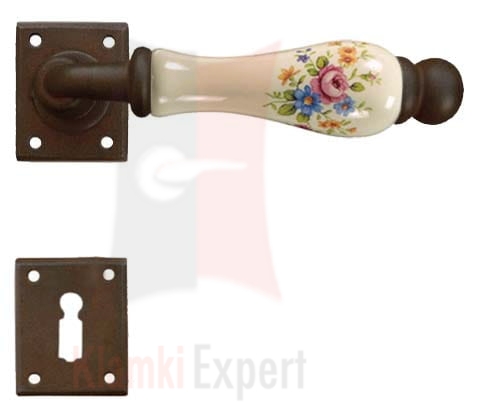 Klamka Amsterdam 5-20 z dolną rozetą na klucz zwykły, porcelana kremowa kwiaty wiosenne