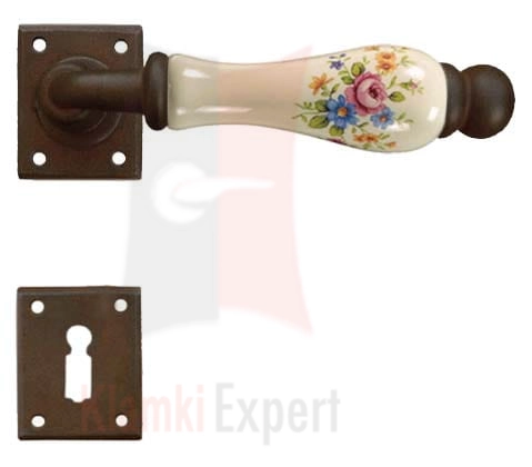 Klamka Amsterdam 5-20 z dolną rozetą na klucz zwykły, porcelana kremowa kwiaty wiosenne