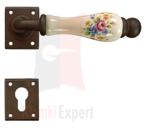 Klamka Amsterdam 5-20 z dolną rozetą na wkładkę patentową, porcelana kremowa kwiaty wiosenne